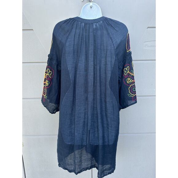 Eleven By March 11 Navy 100% Linen Embroidered Floral Tassel Mini Dress Size M - Picture 11 of 12